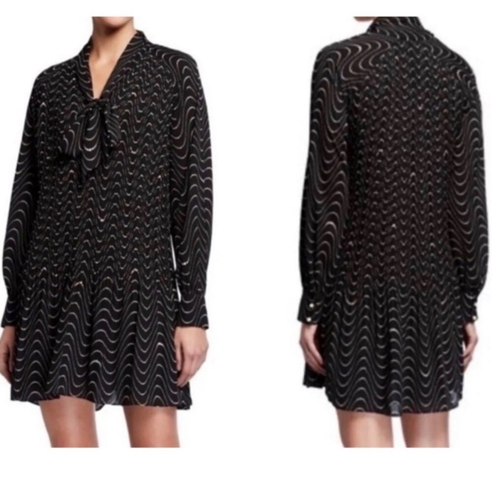 Kate Spade Wavy Dot Shift Dress Size 4 Black Tie Neck